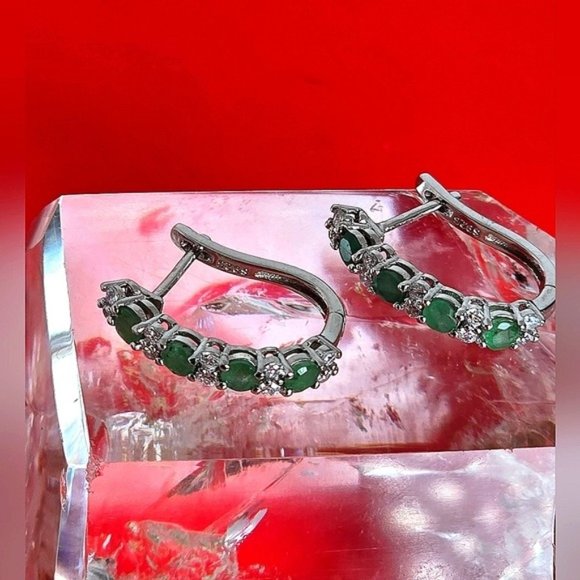 925 Sterling Silver Earrings with Natural Emerald with CZ - Picture 3 of 7